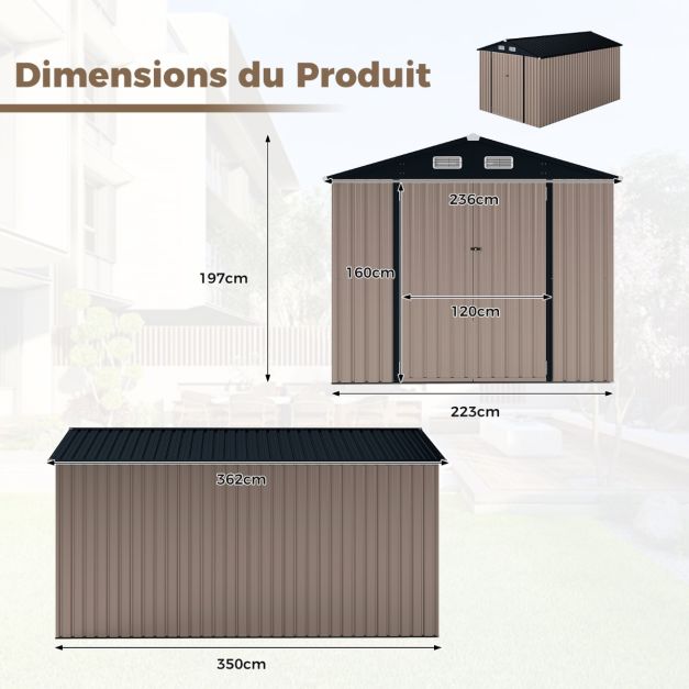Abri de Jardin en Métal 350 x 223 x 197 cm  avec Toit Incliné
